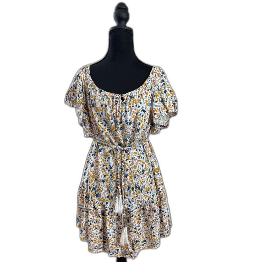 Women's Large White Floral Cynthia Rowley Flowy Mini Tie Back Braided Belt Dress